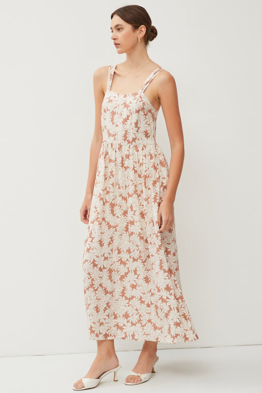 Floral Linen Blend Midi Dress with Smock Back