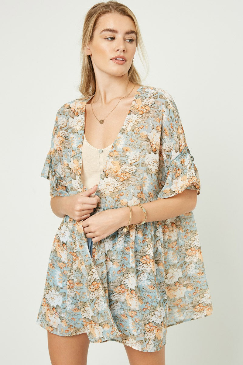 Ruffled Sleeve Floral Print Open Kimono