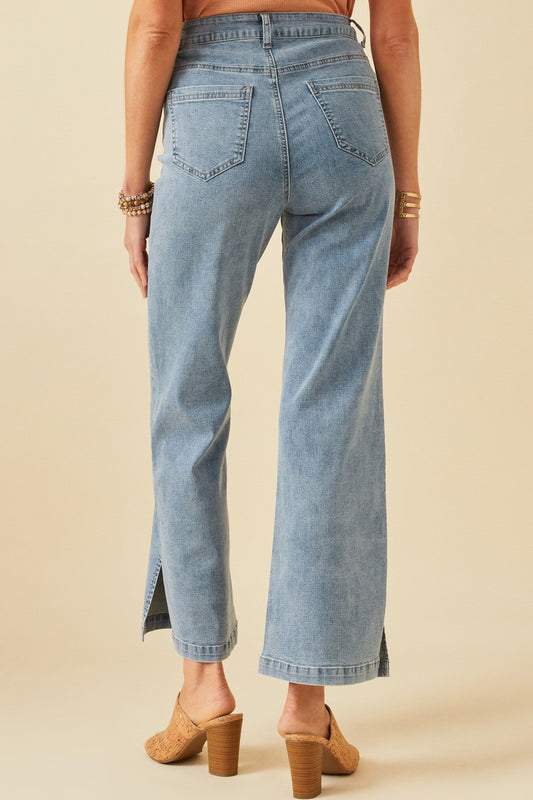 Side Slit Distressed Bootcut Stretch Denim