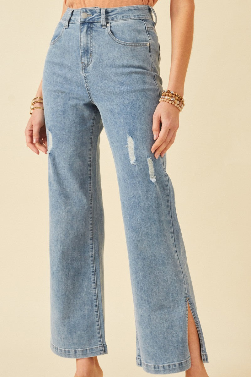 Side Slit Distressed Bootcut Stretch Denim