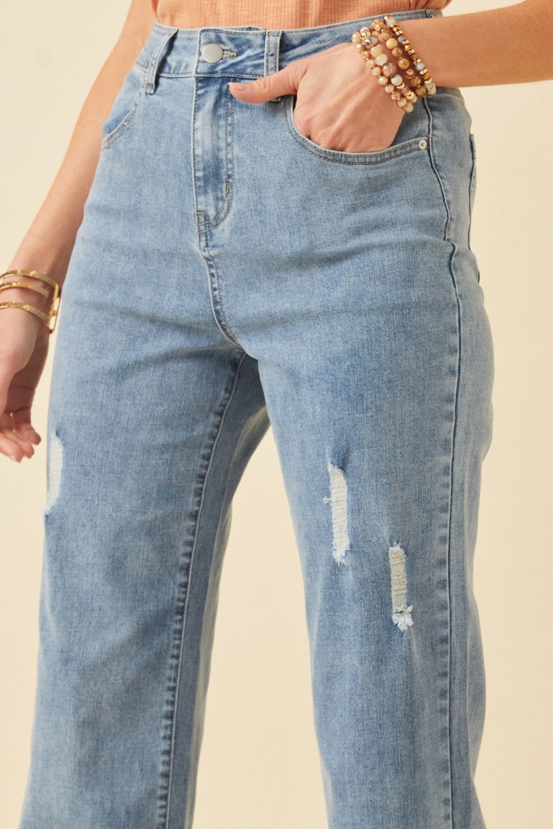 Side Slit Distressed Bootcut Stretch Denim