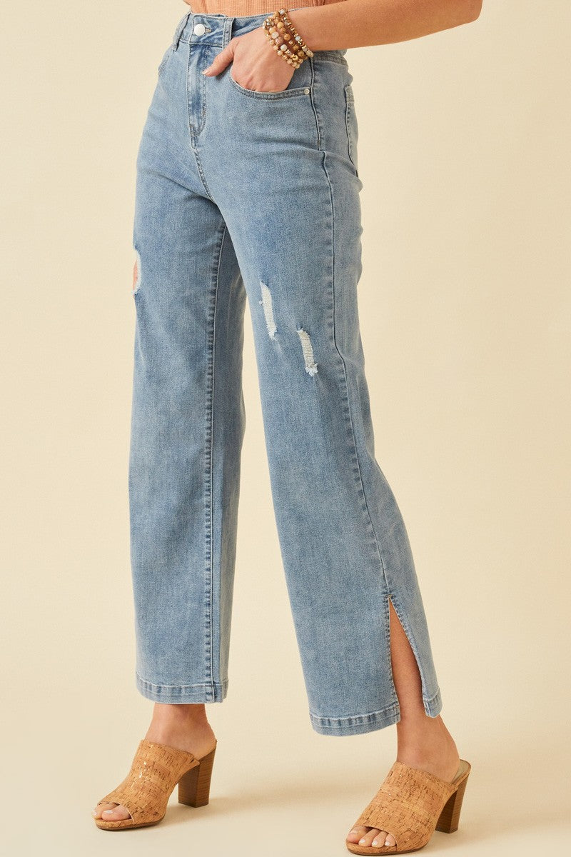 Side Slit Distressed Bootcut Stretch Denim