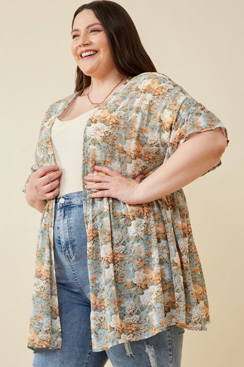 Plus Ruffled Sleeve Floral Print Open Kimono