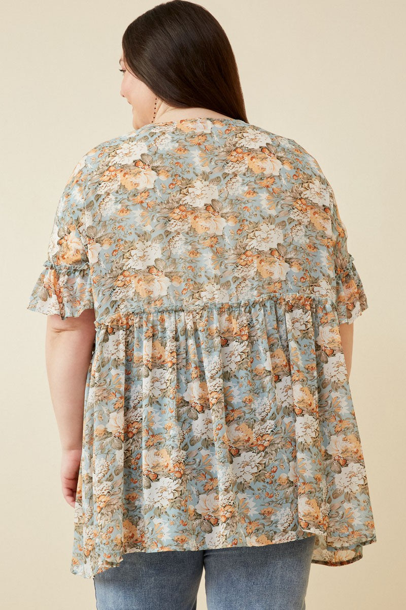 Plus Ruffled Sleeve Floral Print Open Kimono