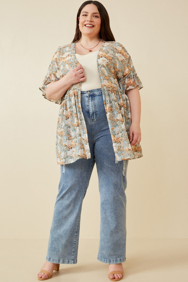 Plus Ruffled Sleeve Floral Print Open Kimono