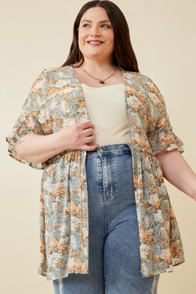 Plus Ruffled Sleeve Floral Print Open Kimono