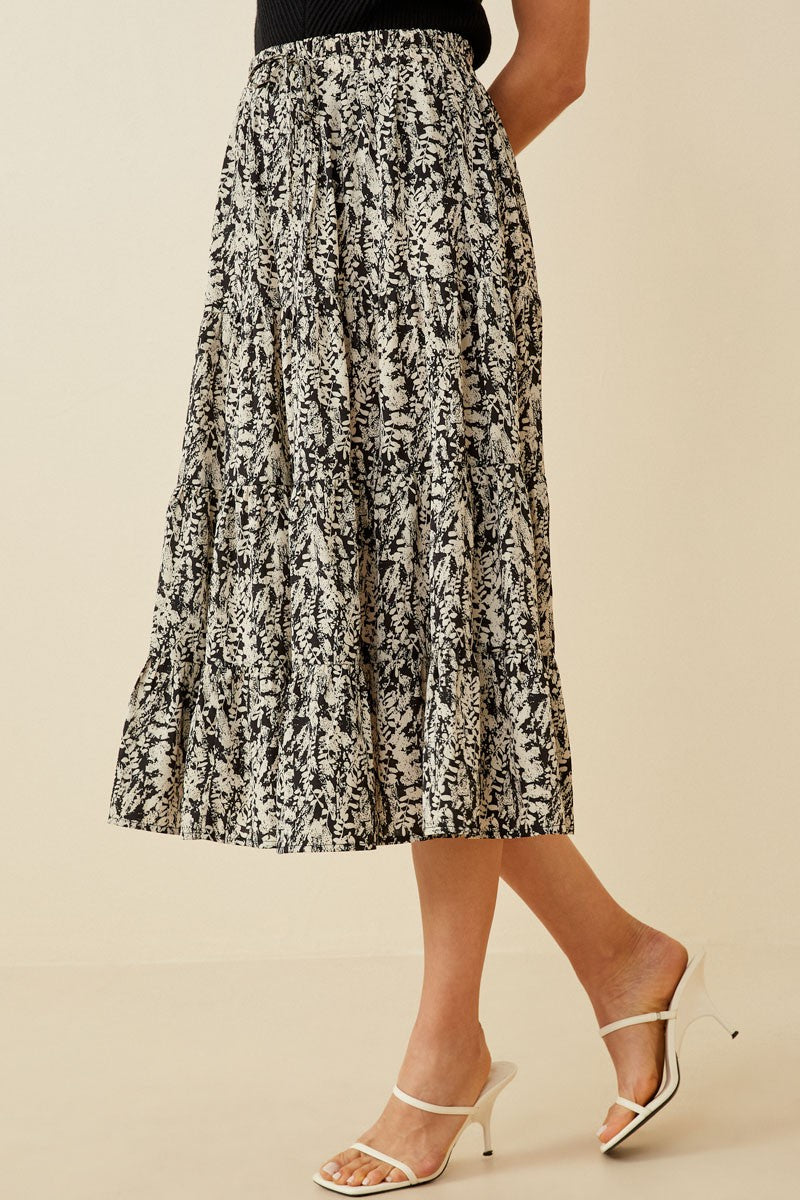 Botanical Print Elastic Waist Tiered Skirt