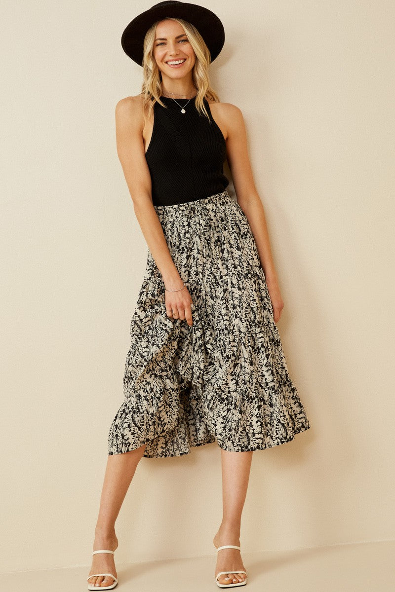 Botanical Print Elastic Waist Tiered Skirt