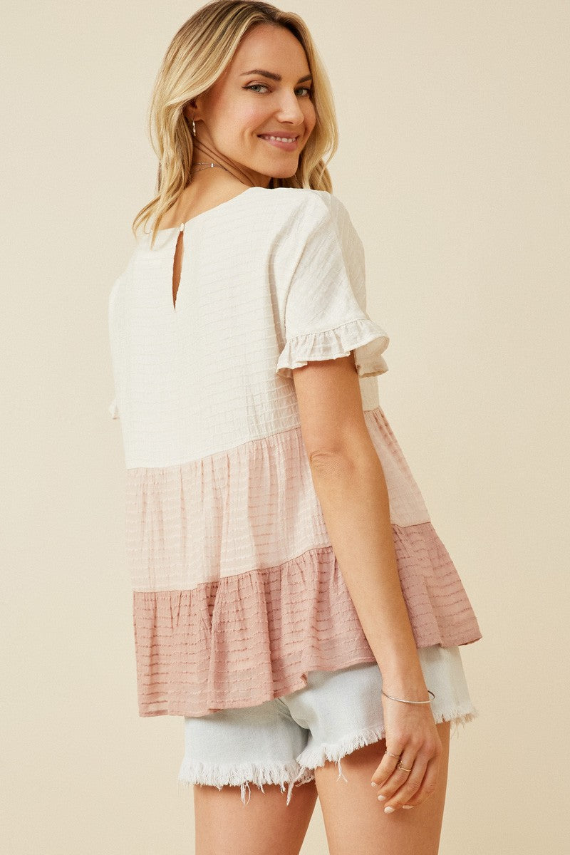 Textured Stripe Colorblock Ruffle Tee