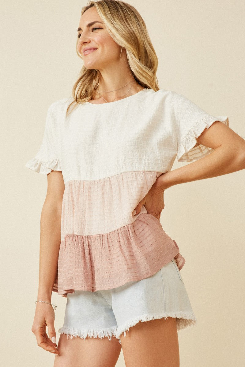 Textured Stripe Colorblock Ruffle Tee