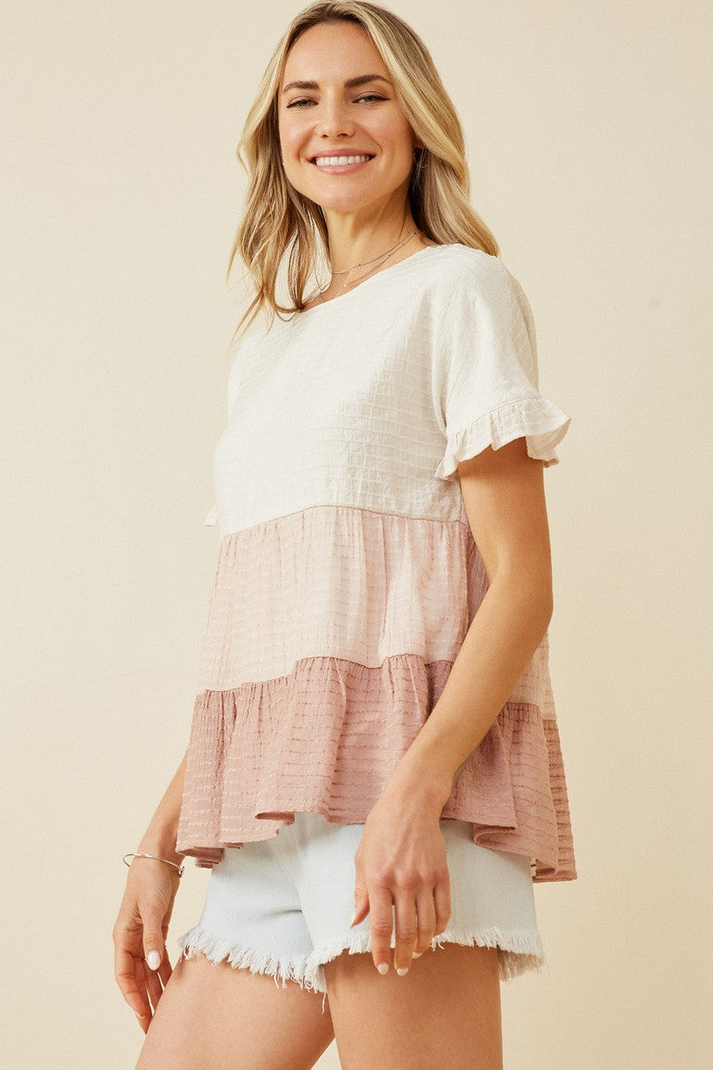 Textured Stripe Colorblock Ruffle Tee