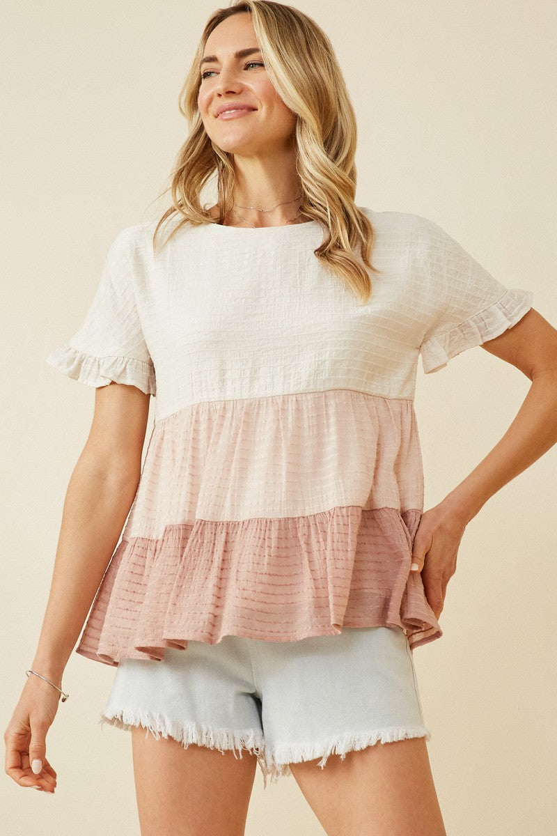 Textured Stripe Colorblock Ruffle Tee