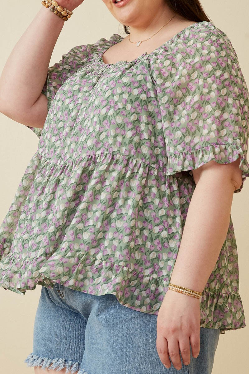 Plus Smock Detail Floral Tiered Top