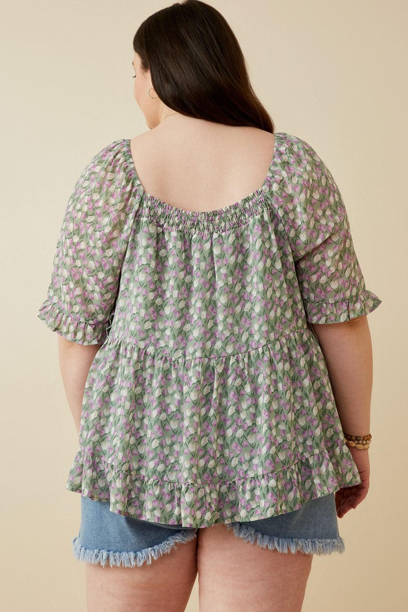 Plus Smock Detail Floral Tiered Top