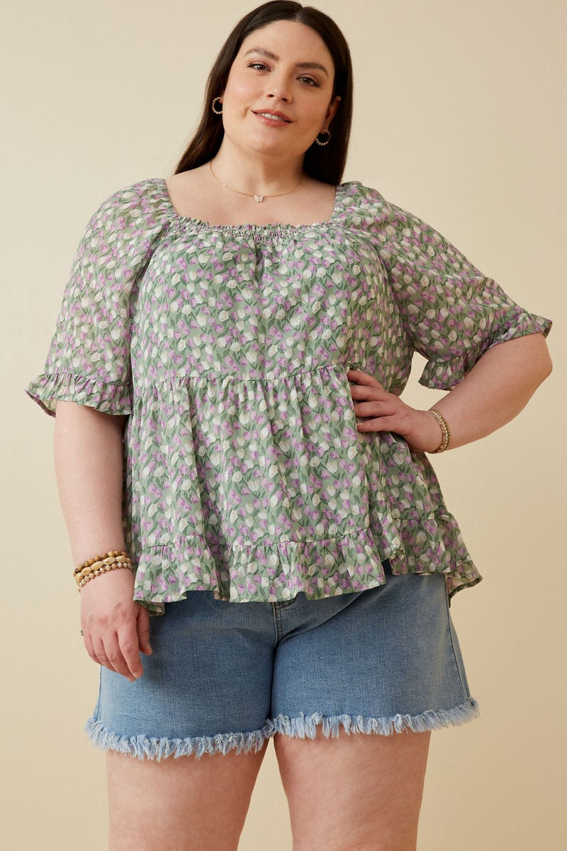 Plus Smock Detail Floral Tiered Top