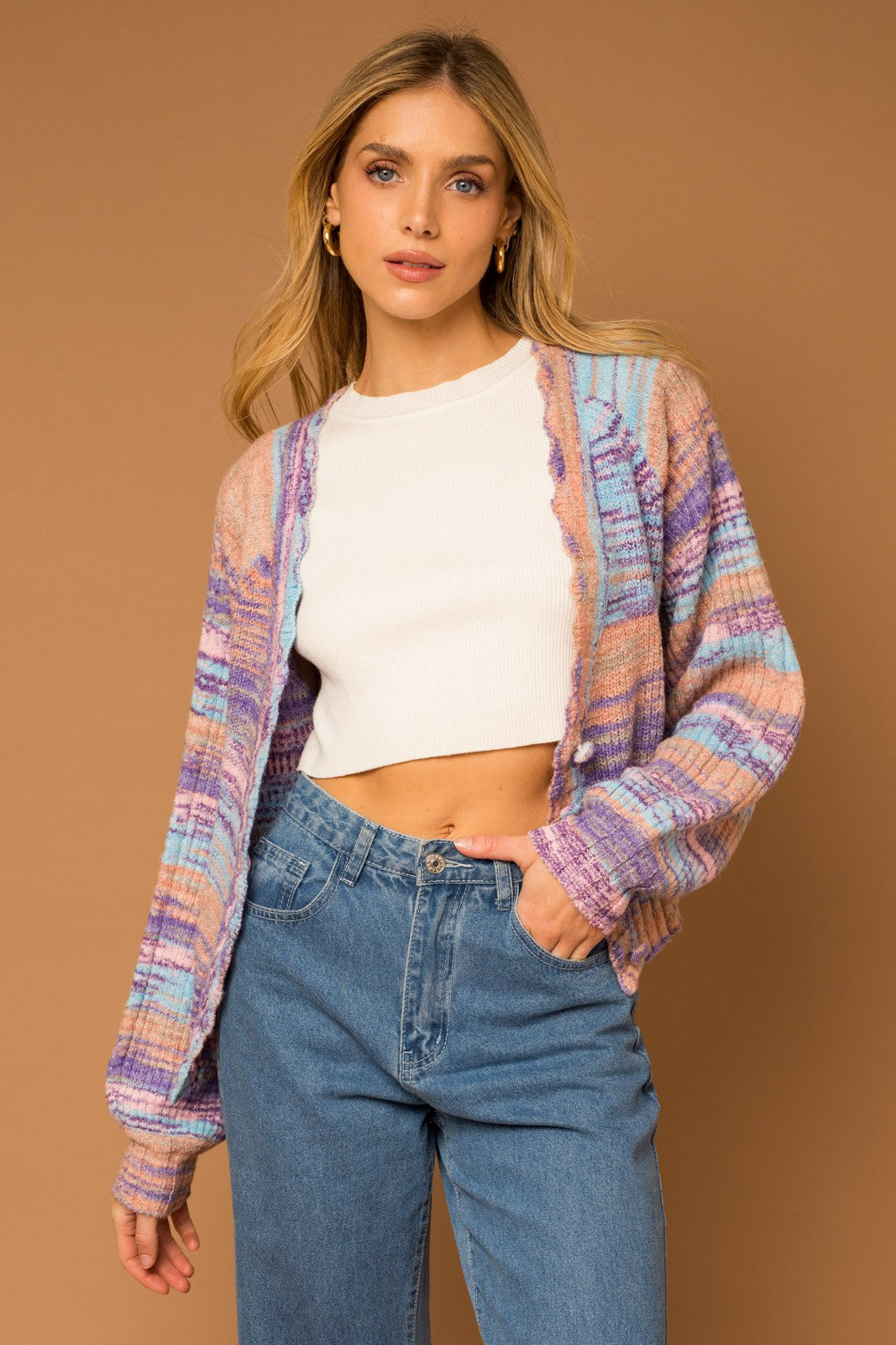 Multi Color Scallop Detail Cardigan