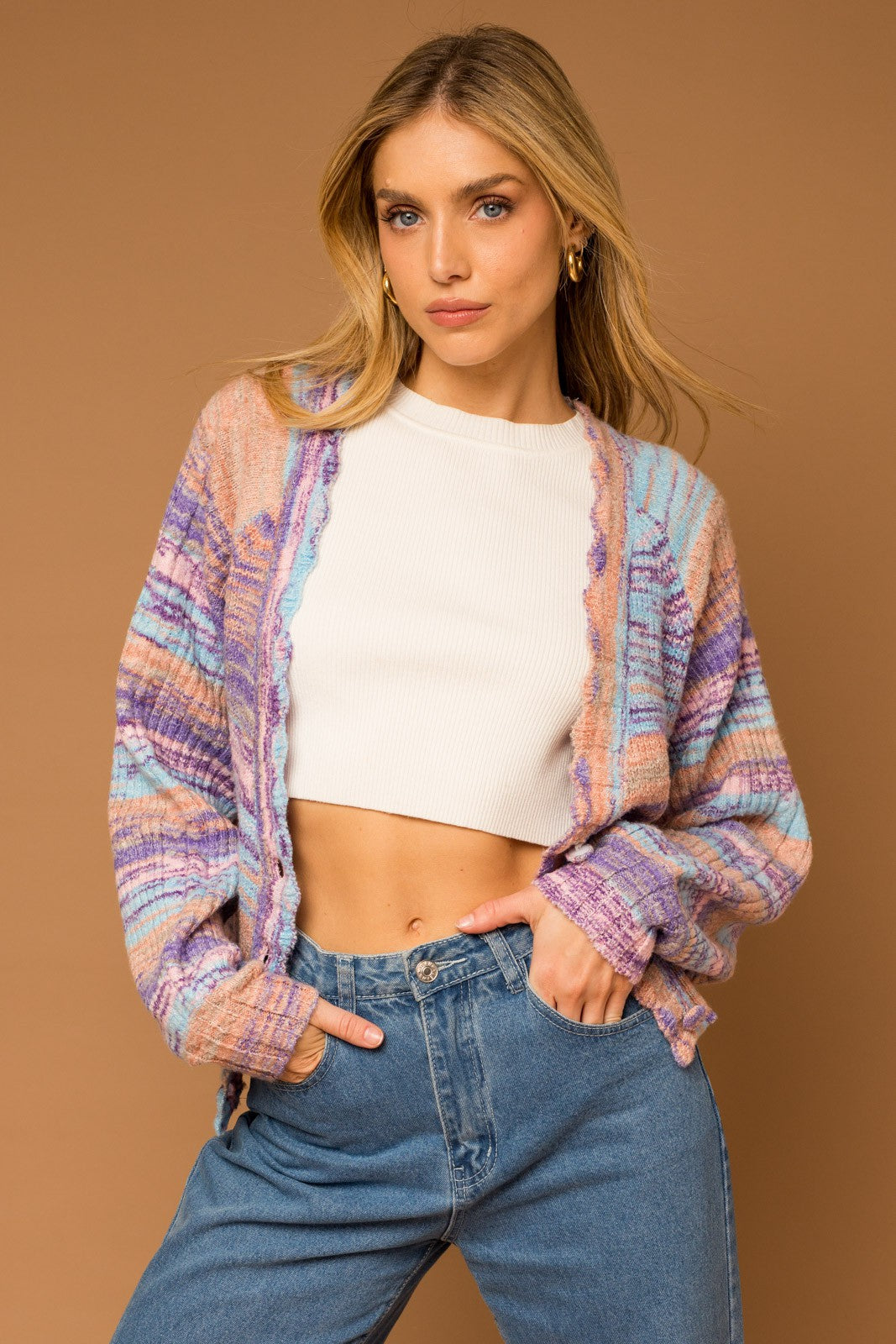 Multi Color Scallop Detail Cardigan