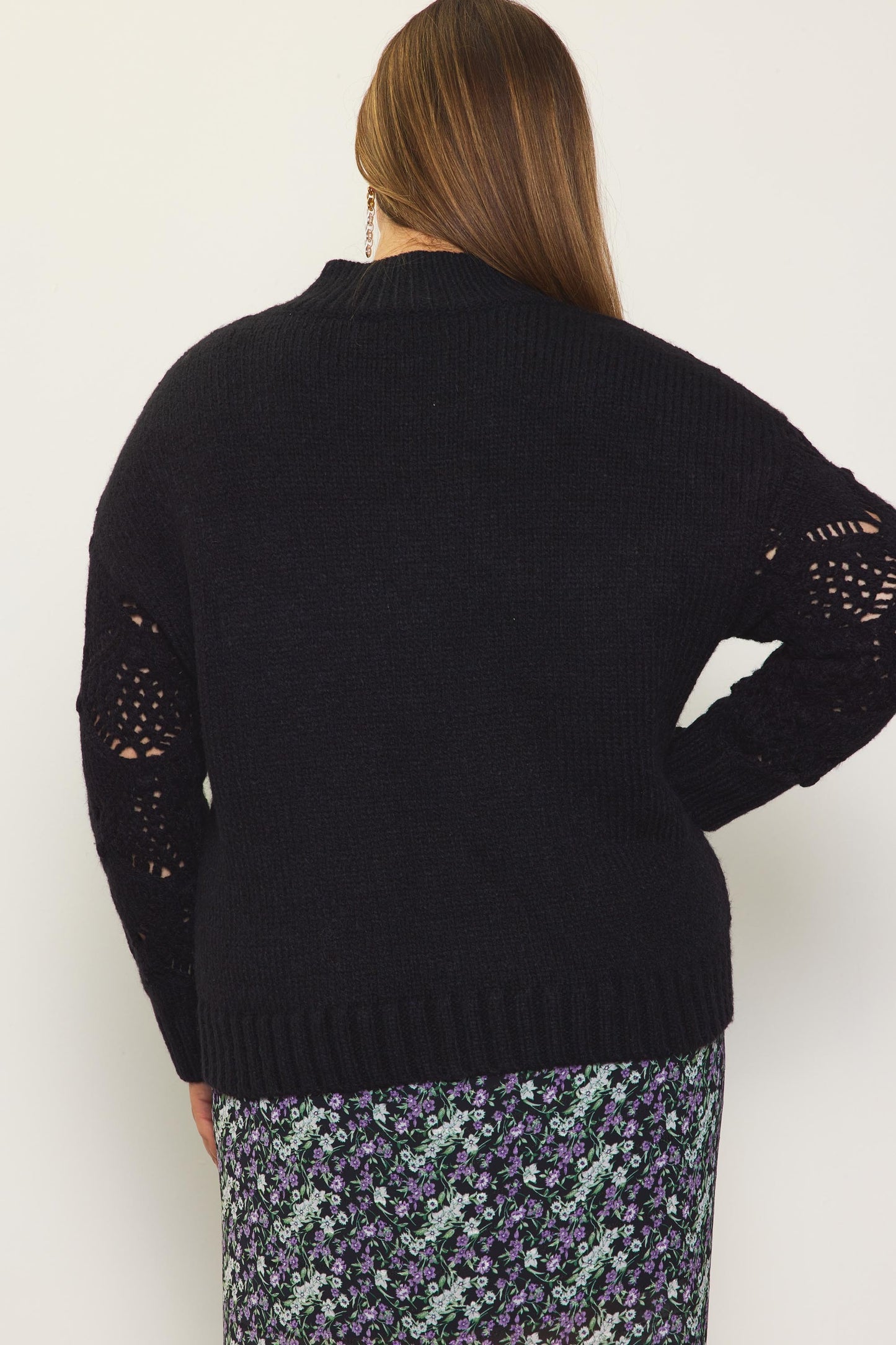 Plus Rib Mock Neck Sweater with Crochet Sleeve