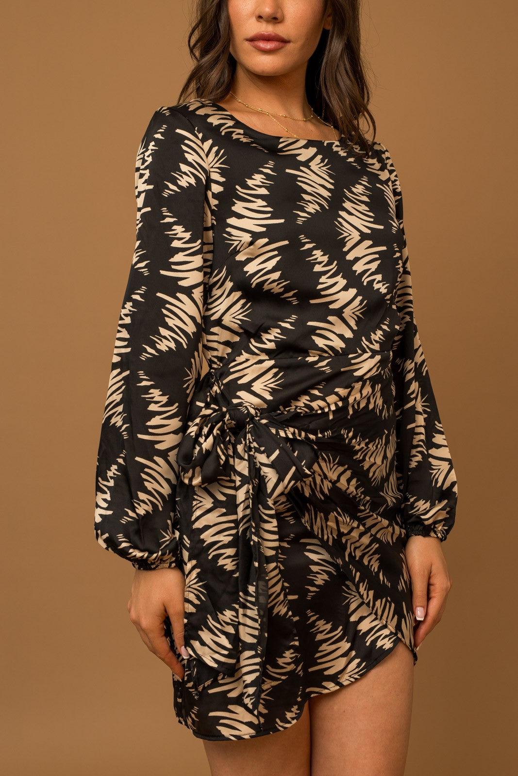 Long Sleeve Wrap Tie Print Satin Dress