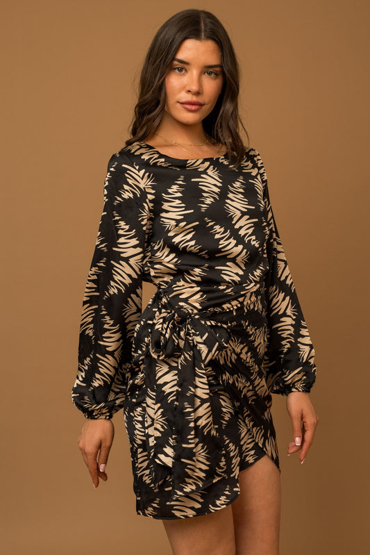 Long Sleeve Wrap Tie Print Satin Dress