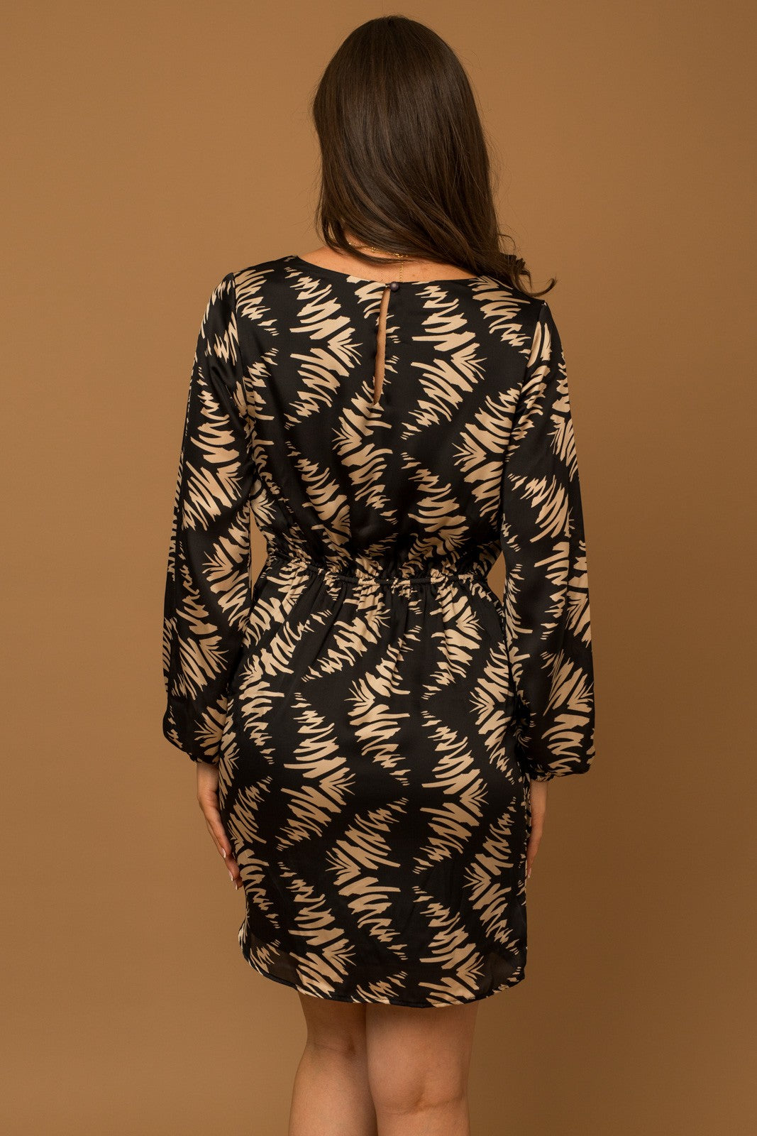 Long Sleeve Wrap Tie Print Satin Dress