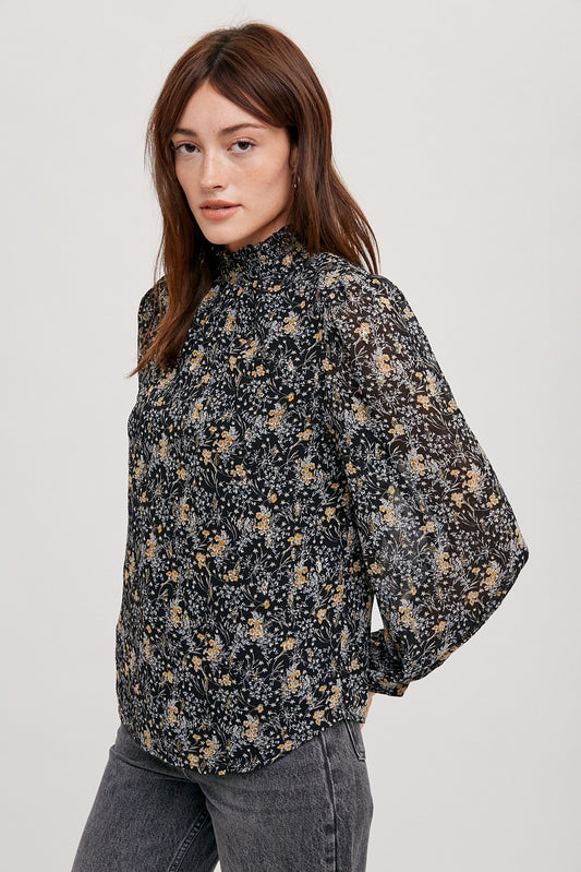 Flower Print Mockneck Blouse