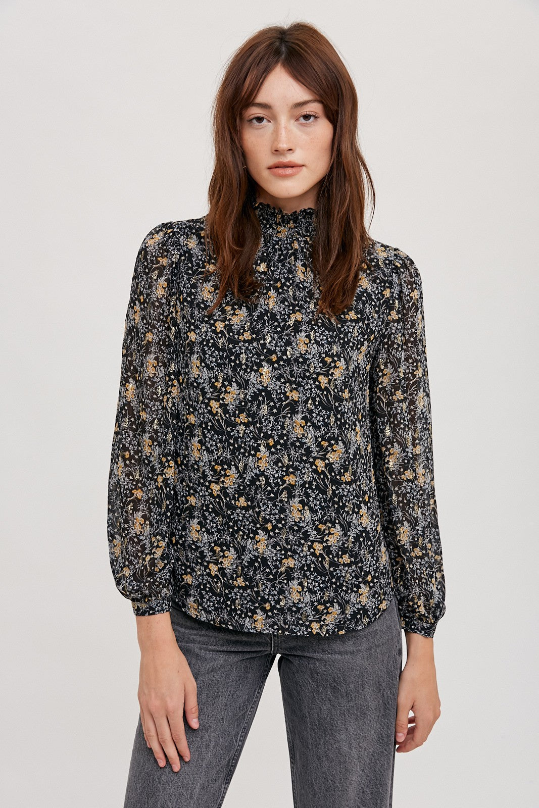 Flower Print Mockneck Blouse