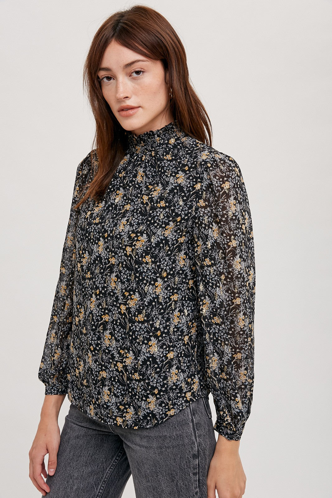 Flower Print Mockneck Blouse