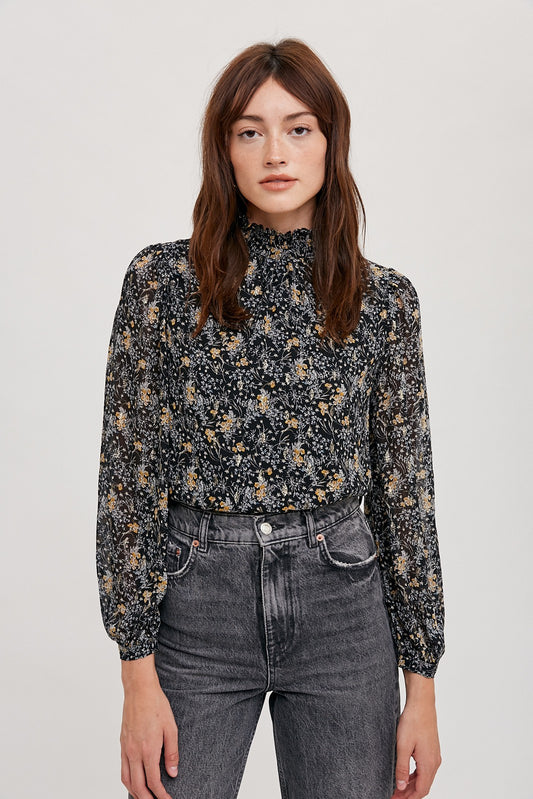 Flower Print Mockneck Blouse