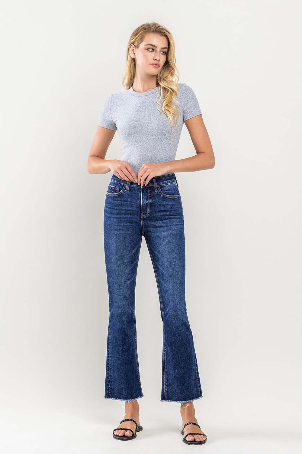 Loveret High Rise Raw Hem Kick Flare Jean