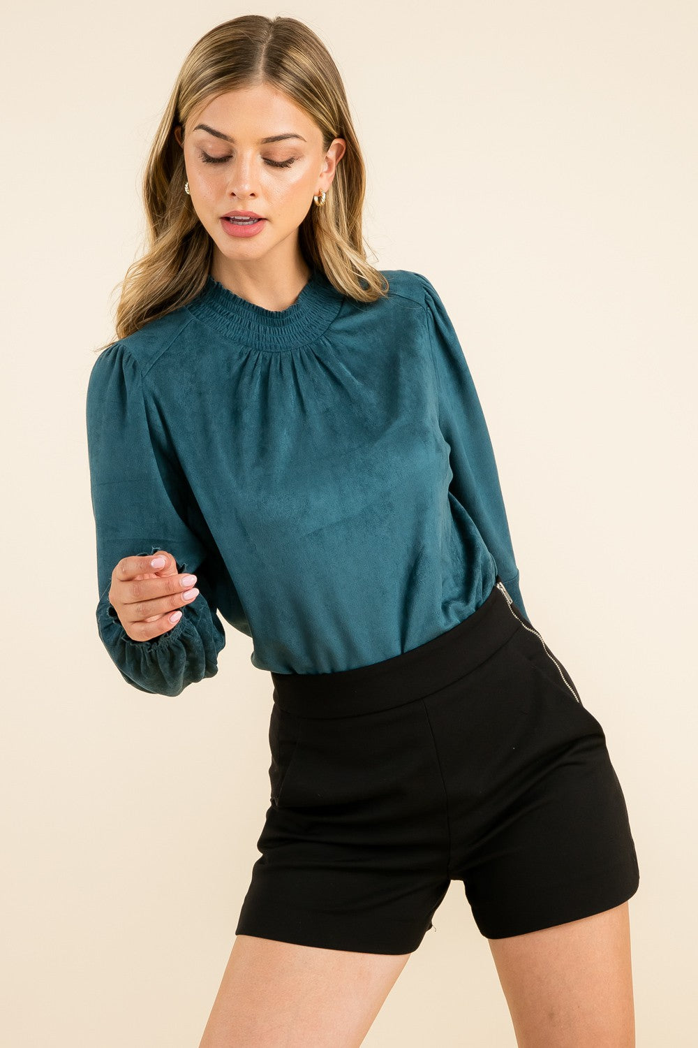 THML Smocked Suede Blouse - Teal