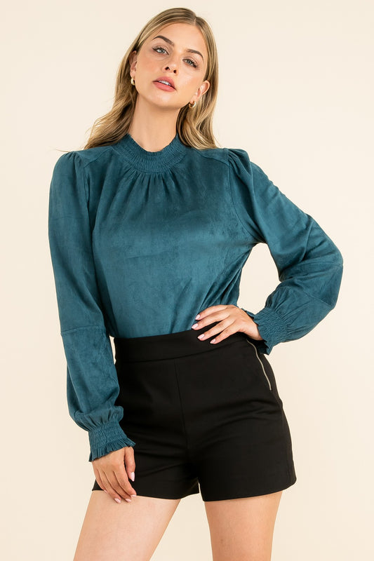 THML Smocked Suede Blouse - Teal