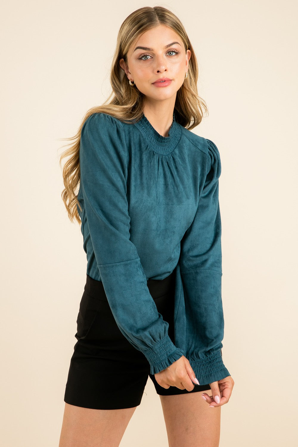 THML Smocked Suede Blouse - Teal