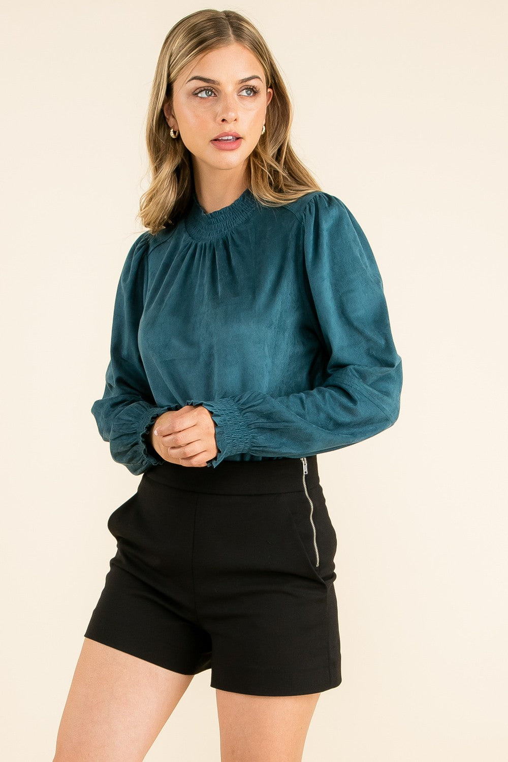 THML Smocked Suede Blouse - Teal