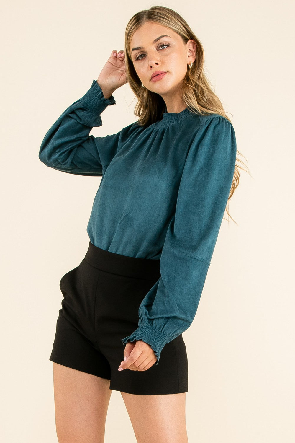 THML Smocked Suede Blouse - Teal